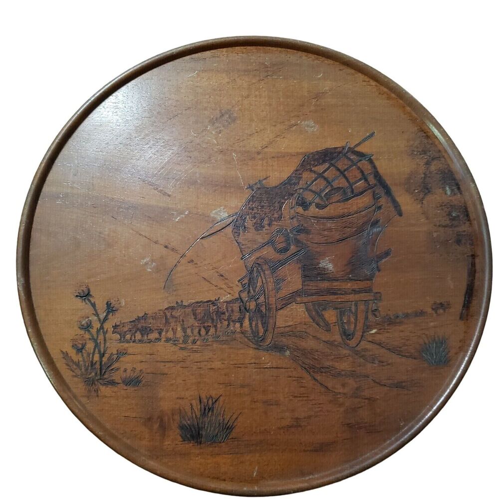 Wooden Decorative Wall Plate Engraved Unique Vintage Wagon Trail